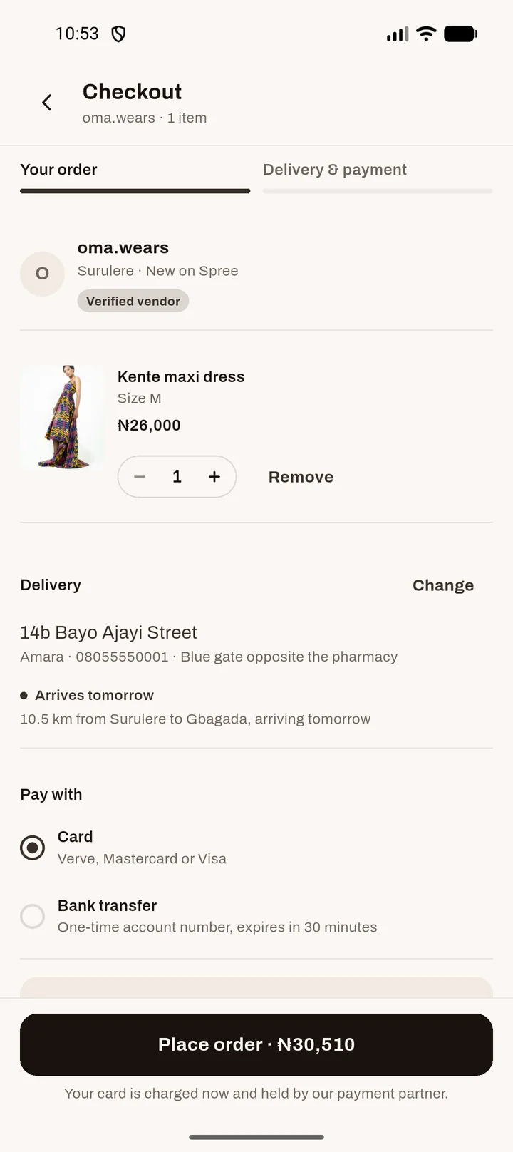 Spree checkout: a Kente maxi dress from oma.wears, delivery details, pay by card or bank transfer. Your card is charged now and held by our payment partner.