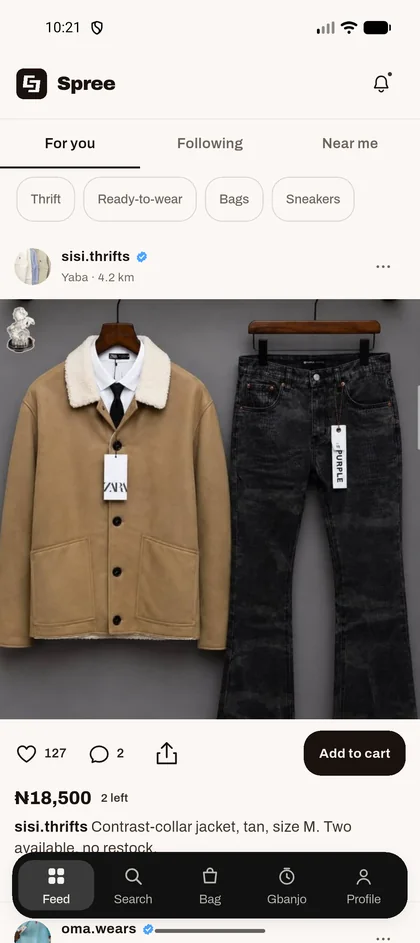 The Spree feed showing a jacket from sisi.thrifts with its price and stock.