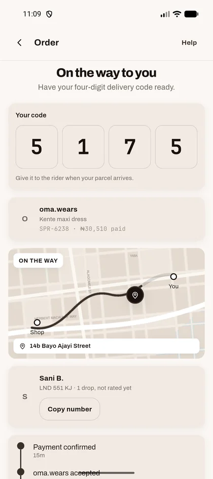 On the way to you: your delivery code 5 1 7 5 and the rider's route on a map.