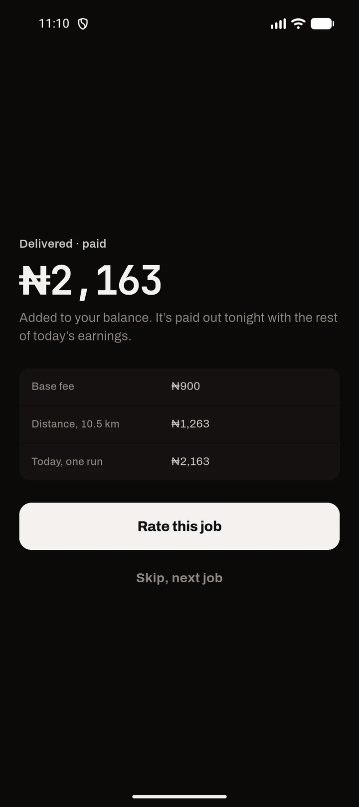 Spree Rider: delivered and paid ₦2,163, itemised as a ₦900 base fee and ₦1,263 for 10.5 km.