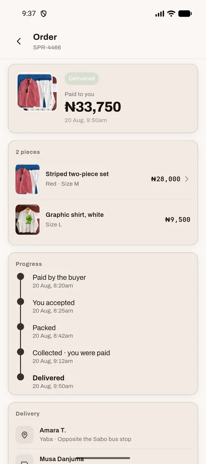 A delivered order: paid to you ₦33,750 after Spree's 10% commission.