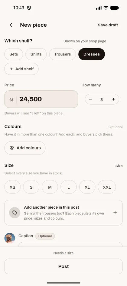 Posting a new piece: shelf, price ₦24,500, how many, colours and sizes.
